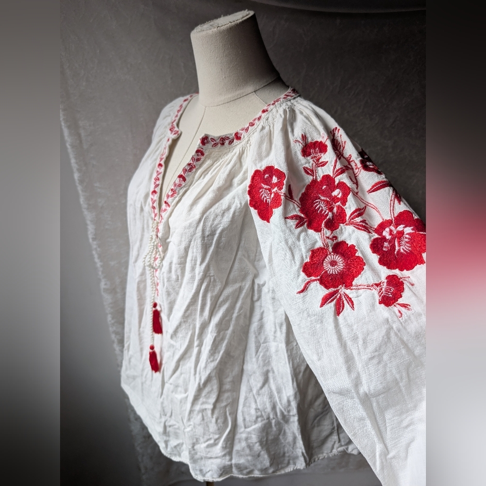 H&M Red White Floral Embroidered Blouse
